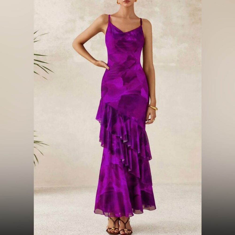 Sleeveless Purple Floral Ruffled Maxi Dress